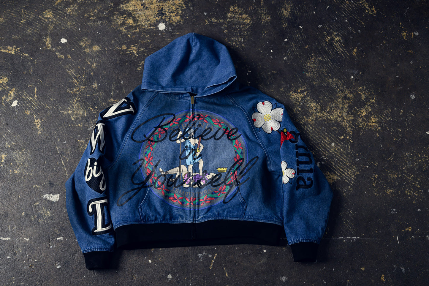 "SIC SEMPER TYRANNIS" DENIM REVERSIBLE HOODIE (FAST PRE-ORDER)